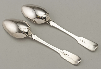 Cape Silver Dessert Spoons (Pair) - Lawrence Twentyman, different makers mark punches, Heathcote Family Crest